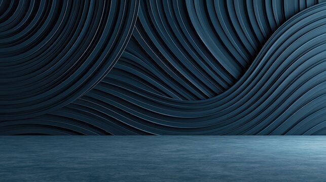 Abstract dark blue 3d background with smooth flowing curved layered wavy panels over matching dark blue empty floor perfect for product presentation and display