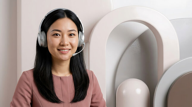 Asian Customer Support Representative with Headset smiling against Abstract Ceramic Architectural Background. Professional Call Center Woman in Dusty Rose Blouse with Neutral Sculptural Studio Setup.