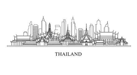 Naklejka premium Thailand Skyline, Bangkok Landmark Buildings, Temple Architecture, City Outline