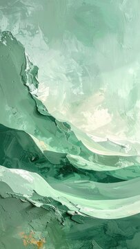 Abstract impressionistic painting of rolling green hills with thick impasto texture.