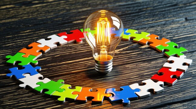 Glowing electric light bulb stands inside circle made of colorful jigsaw puzzle pieces on dark wooden surface. Bright lamp shines light on unfinished pattern. Concept represents innovation strategy