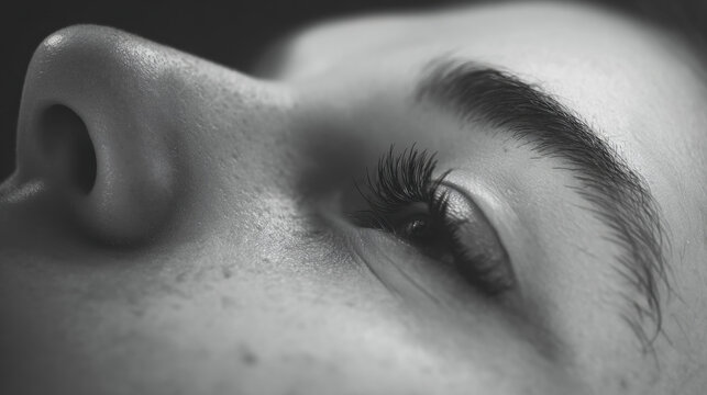 Close up view of a person's face showing details of skin and eyelashes