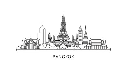 Fototapeta premium Bangkok Skyline Silhouette - Famous Landmarks, Travel & Architecture Line Art