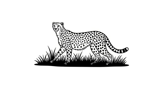 Cheetah walking in grassy field.