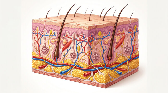 Detailed medical illustration of a cross-section of the anatomy of human skin showing the epidermis, dermis, hypodermis, hair follicle, sweat glands, blood vessels and nerves