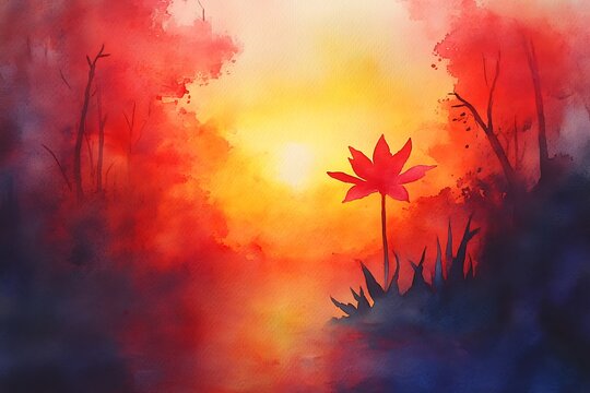 Autumn&rsquo;s warm embrace: a serene sunset over rustling maple leaves
