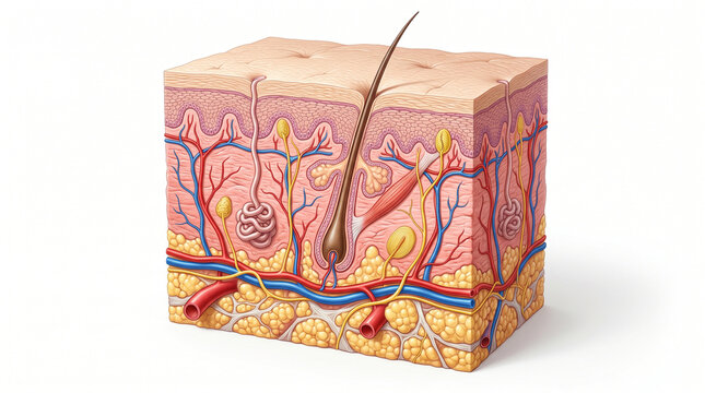 Detailed medical illustration of a cross-section of the anatomy of human skin showing the epidermis, dermis, hypodermis, hair follicle, sweat glands, blood vessels and nerves