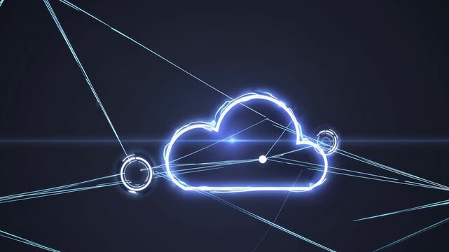 Glowing cloud symbol with radiant light and dynamic lines, illustrating digital connectivity and data transfer in a modern technology environment