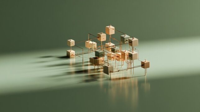 A tangible network of workflow nodes connected by fine metallic lines, expressing connected team collaboration.