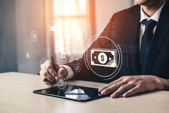 A fintech concept showing a network of digital banking services. This includes secure online payments, global transactions, and e-commerce for the modern financial system. Fermion