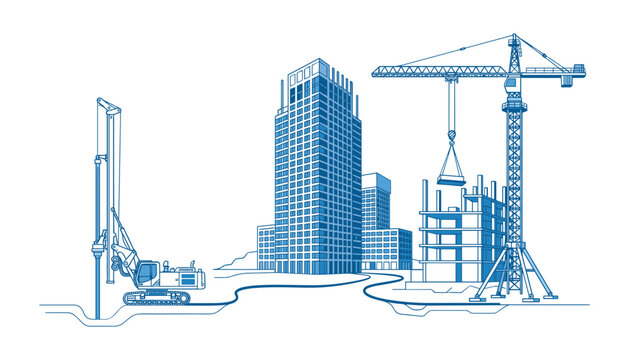 Building construction site vector illustration with crane skyscraper tower machinery and blueprint outline engineering concept