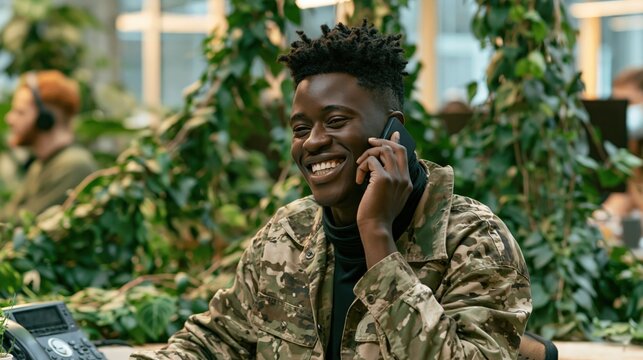A young man with dark skin and a militarystyle jacket smiles while talking on his phone surrounded by greenery.