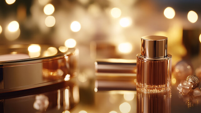 Luxury cosmetic perfume bottle product photography featuring glowing golden lights and reflections cosmetic reflection fragrance celebration