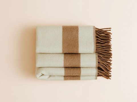 Stack of folded wool blankets with striped patterns and knotted fringe, featuring a soft tactile texture for home decor and textile catalogs