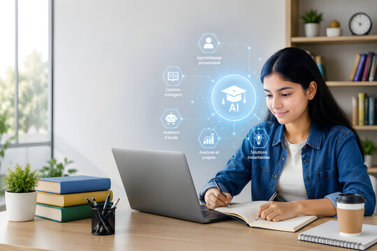 Young woman student studying online with a laptop and taking notes in a cozy home office room with books and education icons floating in the air for remote learning