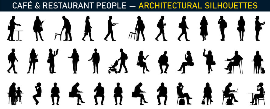 Cafe and Restaurant People CAD Silhouettes &ndash; Diverse Architectural Entourage Poses for Presentations, Interior Design and Urban Planning