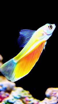 Vibrant Firefish Goby swimming in a saltwater aquarium against a dark black background.