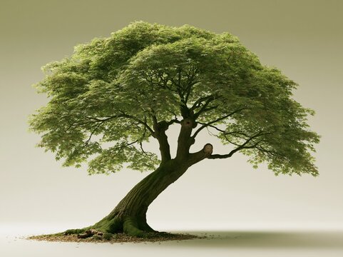 Mature broadleaf tree with a dense green canopy and leaning mossy trunk, featuring fissured bark and shed leaves for architectural visualization and garden marketing