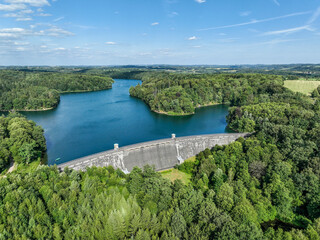 Fototapeta premium Aerial view of the Neye Reservoir, city of Wipperfürth, village of Neye, Oberbergischer Kreis, North Rhine-Westphalia, Germany.