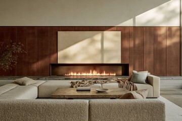 Fototapeta premium Curved boucle sofa in a luxury living room with a linear fireplace and warm wood paneling, featuring soft textures for interior design and property marketing