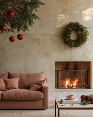 Fototapeta premium Cozy living room with a pink sofa and burning fireplace, featuring festive ornaments and a wreath for seasonal home decor and holiday marketing