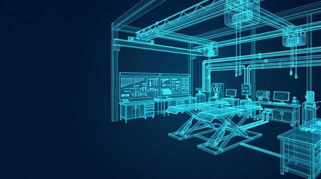 Blueprint of factory workshop interior holographic wireframe digital model engineering design with wireframe hologram blueprint workshop industrial technology