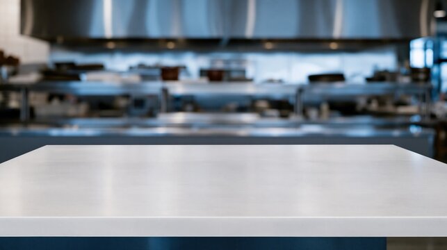 Empty stainless steel prep bench with a cool metallic finish in a blurred restaurant kitchen, featuring copy space for a product mockup