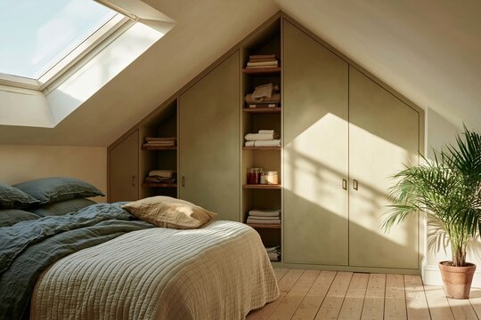 Modern loft bedroom with a large bed and sage green fitted wardrobes under a sloping ceiling, featuring a cozy and tidy atmosphere for home interior design