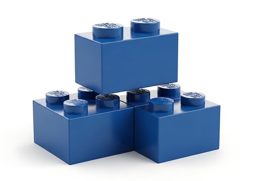Three blue plastic building blocks stacked together in a simple toy construction set