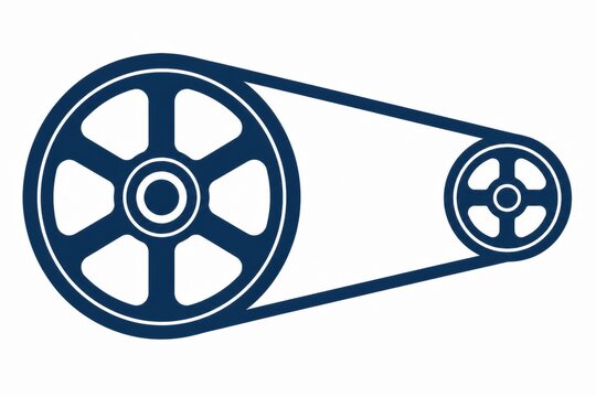 Two dark blue gear wheels connected by a timing belt in flat style