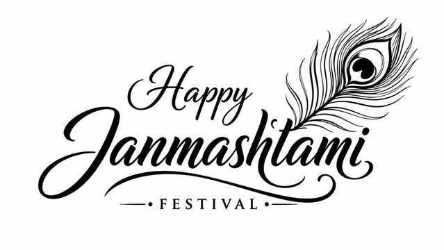Happy janmashtami text greeting design with a peacock feather graphic