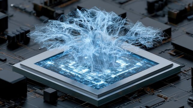 Abstract glowing blue neural network emerging from a futuristic computer chip digital art