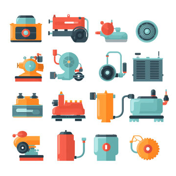 Set of flat vector industrial machinery engines mechanical equipment icons machinery industrial equipment mechanical technology mechanism