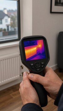A person holds an infrared camera inside a room to view a radiator. The camera shows temperature differences, helping to identify heat loss. The room has natural light coming from a window