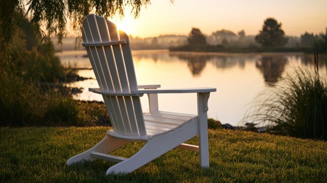 White adirondack chair by tranquil lake at sunrise serene nature scene