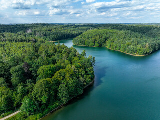 Fototapeta premium Aerial view of the Neye Reservoir, city of Wipperfürth, village of Neye, Oberbergischer Kreis, North Rhine-Westphalia, Germany.