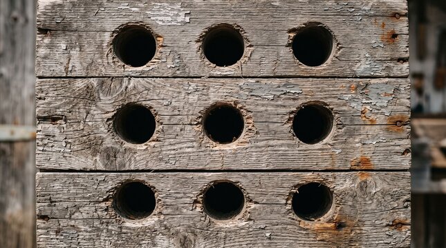 Weathered Wooden Panel | Rustic 3x3 Grid with Circular Holes and Textured Craftsmanship