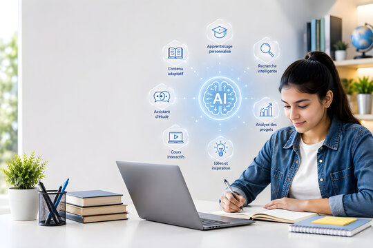 Young female student sitting at desk using laptop and writing in notebook with artificial intelligence icons floating in modern home office study environment for learning
