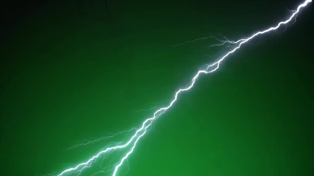 Jagged bright white lightning strikes cross a deep green gradient background.