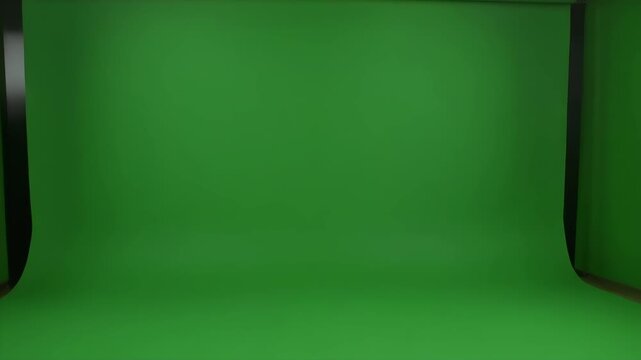 A professional studio setup features a vibrant green screen backdrop with softbox lighting.