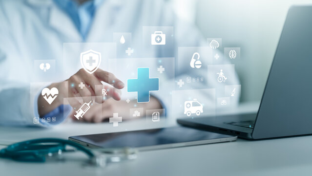 Male medicine doctor touch healthcare medical icons fo Health, insurance concept in hospital background. patient data technology to medical check