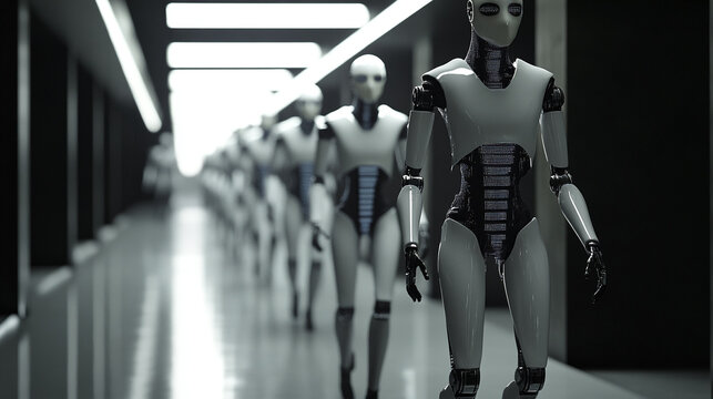 Row of advanced humanoid robots walking down futuristic hallway corridor with humanoid technology artificial intelligence futuristic automation
