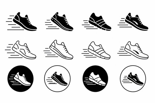 Set of black and white running shoe icons for sports and fitness design