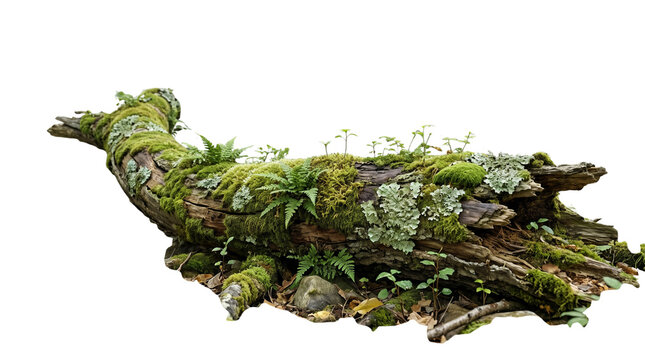 Mossy fallen log with green ferns and lichen, decaying forest tree trunk on white background, natural woodland wood element