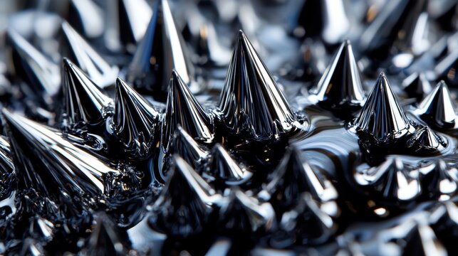 Close-up of shiny, metallic ferrofluid spikes forming sharp geometric patterns