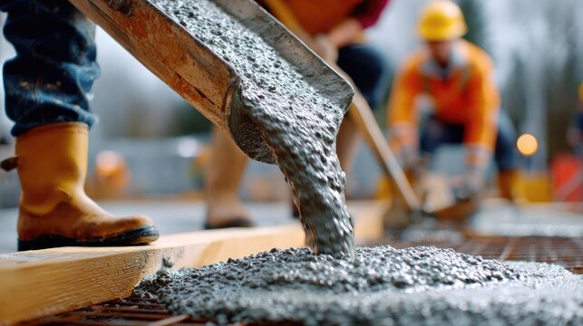 Pouring Concrete at a Construction Site: Close-up view of wet concrete being poured from a chute onto a foundation at a construction site.