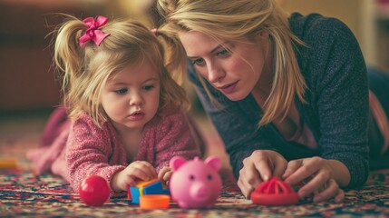 Naklejka premium A mother and her young daughter are playing with toys on the floor.