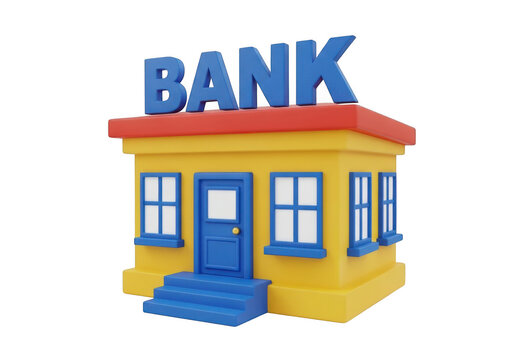 Small yellow bank building with blue doors and windows 3d icon isolated on transparent background