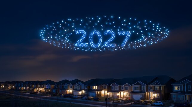 Drone Light Show Spelling 2027 in Night Sky Above Suburban Neighborhood