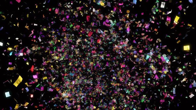 A burst of colorful confetti explodes against a black background.